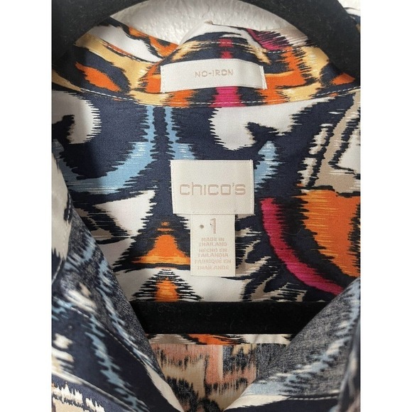 Chico's Womens Button Up Top Size 0 US 4 Ikat Scrolls No Iron Workwear Business‎ - Picture 9 of 11